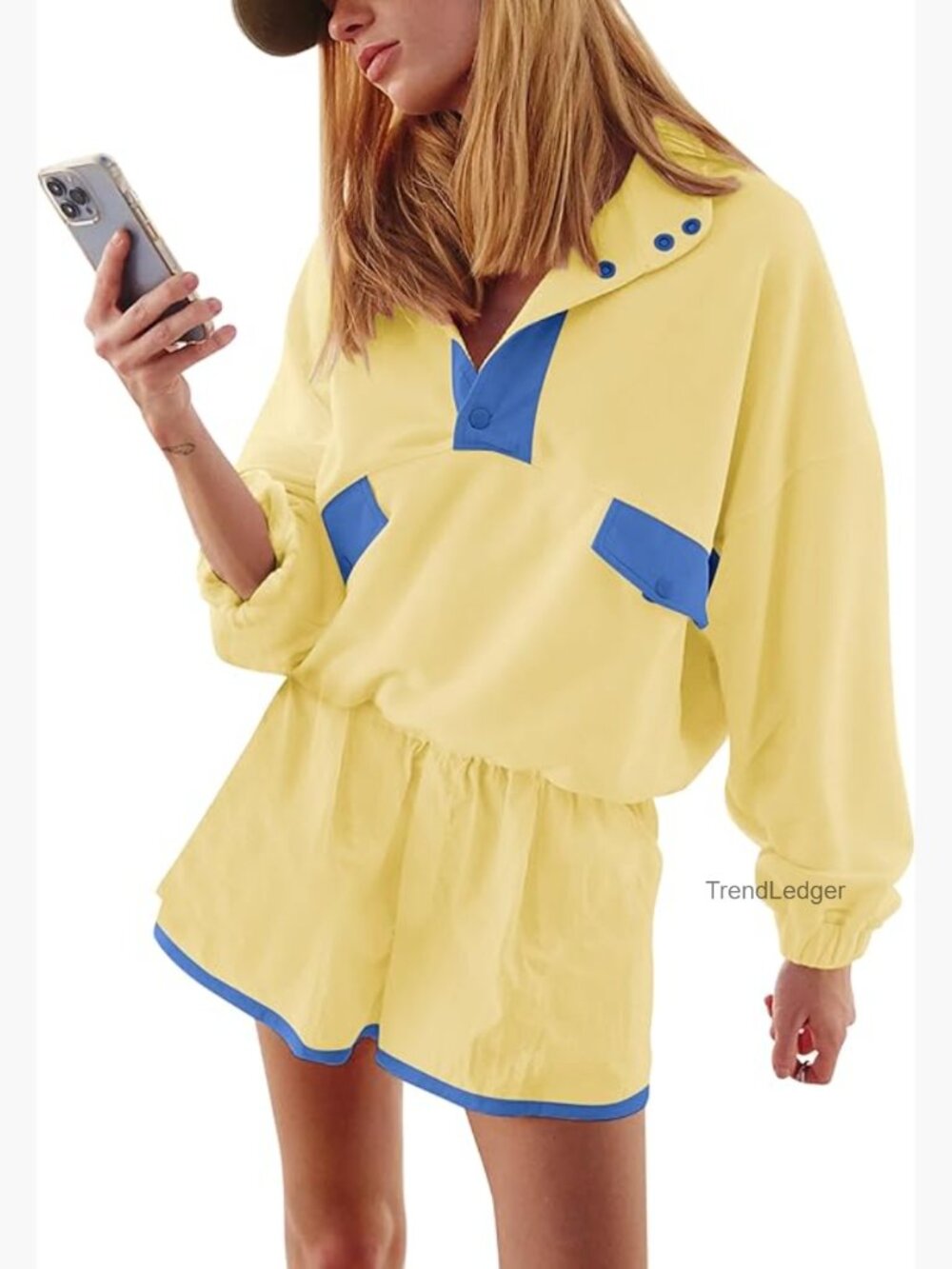 Oversized Quarter Button Sweatsuit Set with Shorts, Cotton Blend, Small